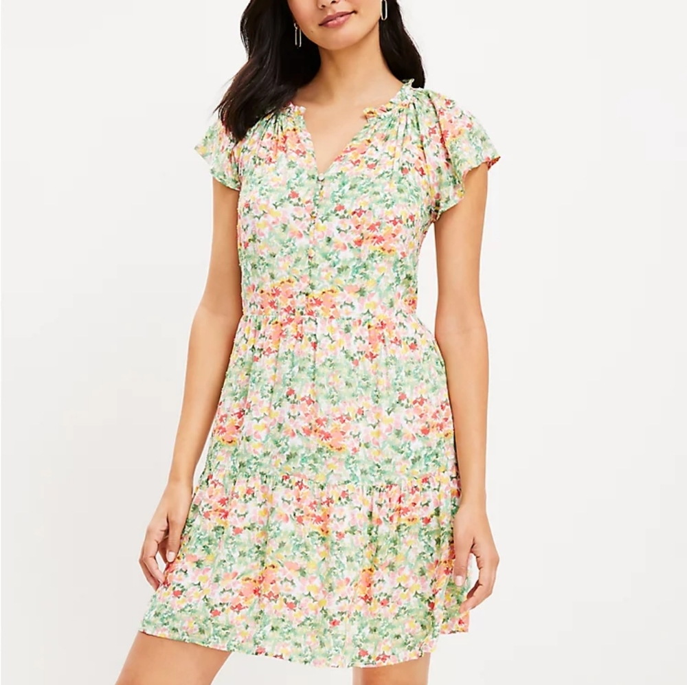 LOFT | Petite Buttercup Floral Tie Neck Tiered Swing Dress